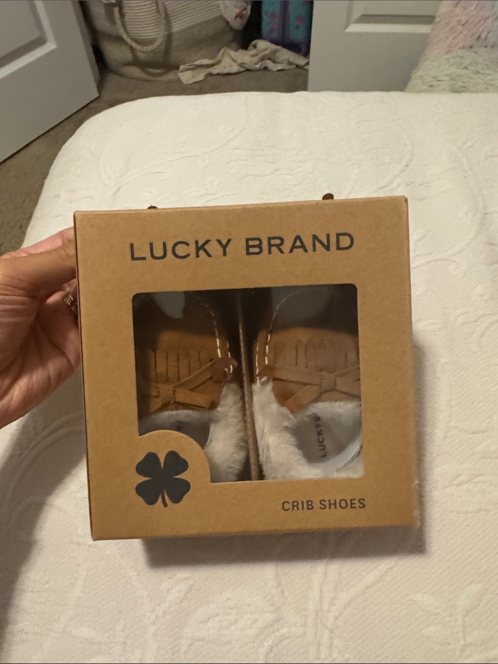 Lucky Brand Tan Baby Crib Shoes with Faux Fur Trim